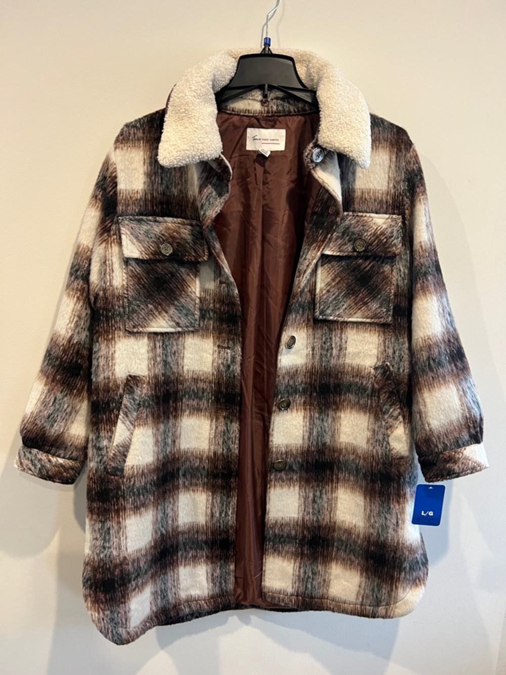 Vince Camuto Brown & Cream Plaid Teddy Collar Shacket